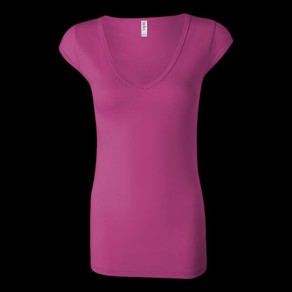 Women's Cap Sleeve Sheer Mini Rib V-neck Tee Thumbnail